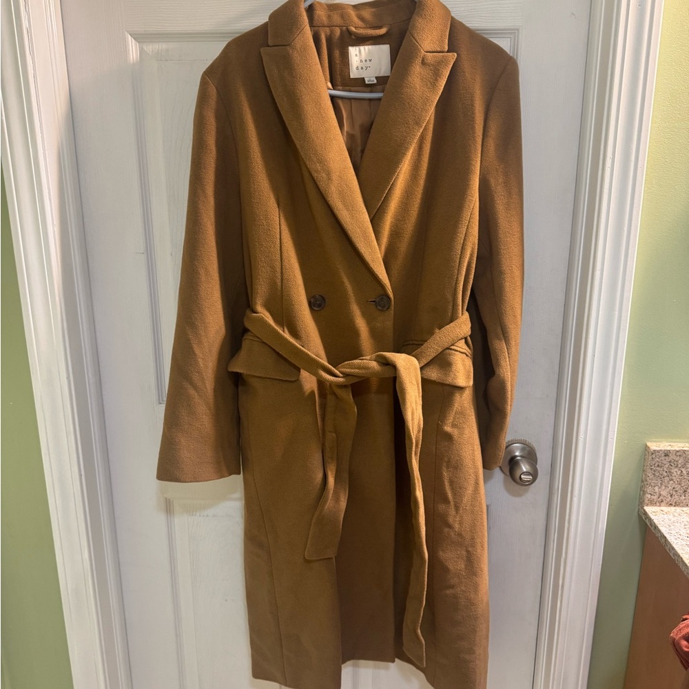 A New Day Camel Double Breasted Tie Waist Coat Size Medium - Picture 2 of 6